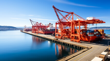 Naklejka premium A large red container sits on the water in front of a large red crane, ship in port, cargo ship, cargo ship in port