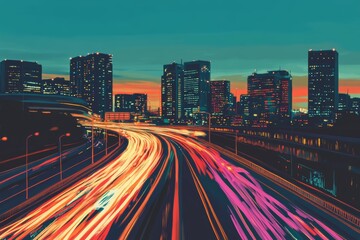 Obraz premium The nighttime lights of a city illuminate the traffic in this line art illustration