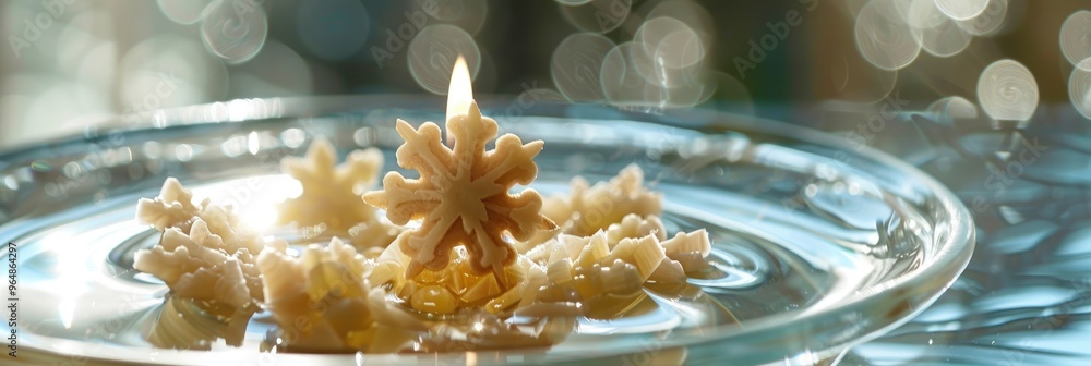 Poster beeswax candle in the shape of a snowflake, floating in a glass bowl, creating a festive centerpiece