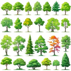 Fototapeta premium Abstract pattern trees collection. Set Forest tree pack in white background, a collection of hand drawn watercolor trees for artistic projects.