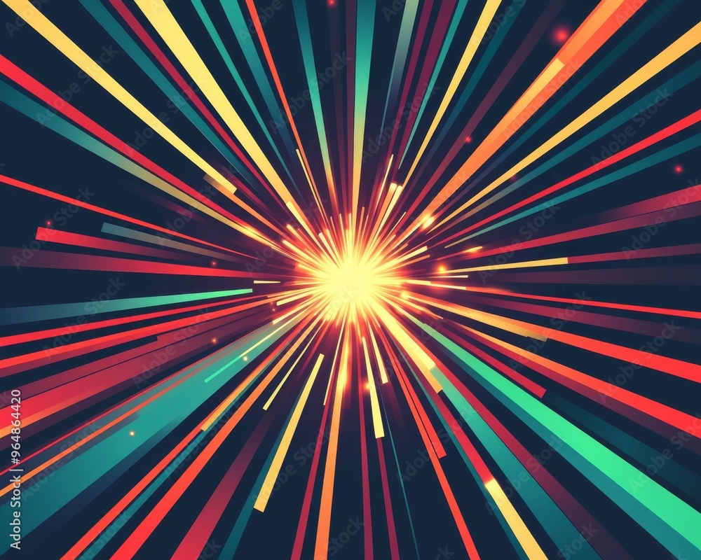 Poster graphic design illustration featuring an abstract background with a radiant burst and an explosion o