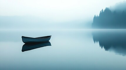 A Rowboat in a Foggy Lake with Silhouetted Trees in the Distance