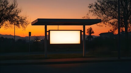 A stock photo featuring an empty billboard at a bus stop during a serene sunset.