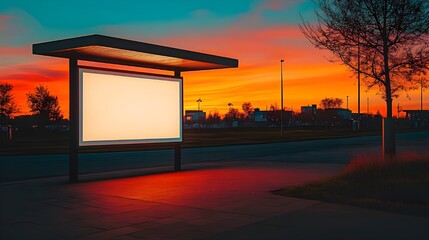 A stock photo featuring an empty billboard at a bus stop during a serene sunset.