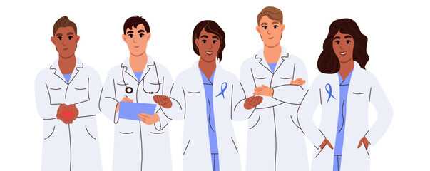 Group portrait, smiling medical team standing together. Set of diverse doctors characters. Vector flat illustration isolated on white background