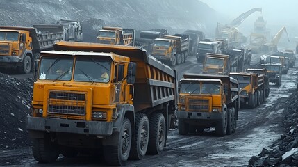 Multiple giant trucks lined up in a mining yard, ready to transport coal. The trucks are towering over the workers and equipment scattered around.