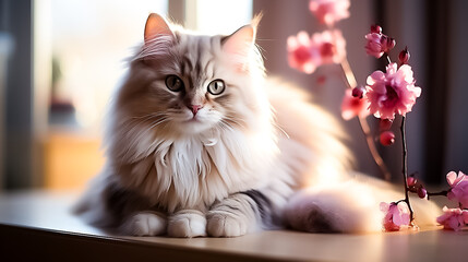A fluffy cat sits on a table with a pink flower in the background, cat on the window sill, cat on the window