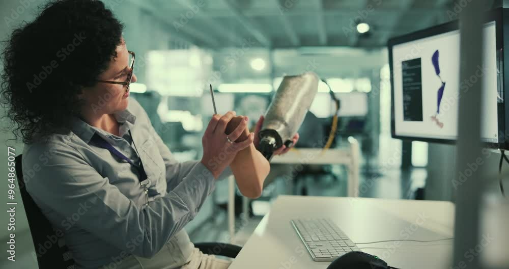 Aufkleber technology, development and woman at computer with prosthetic leg, thinking and innovation in labora