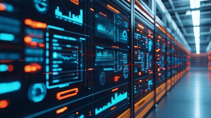 Obraz premium Supply chain dashboard, holographic data, futuristic warehouse, digital logistics