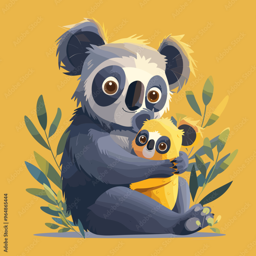 Poster a cartoon of a mother koala holding her baby