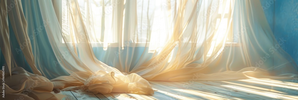 Poster serene indoor setting on a bright day with a soft breeze and warm sunlight filtering through a sheer