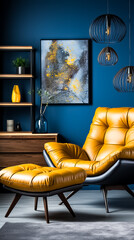 A yellow leather chair with a painting of a plant on the wall, modern living room, interior, interior of a hotel, interior of a room