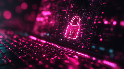 Digital padlock icon with glowing light effects on laptop computer and cyber security concept background, online data protection technology banner or web design element
