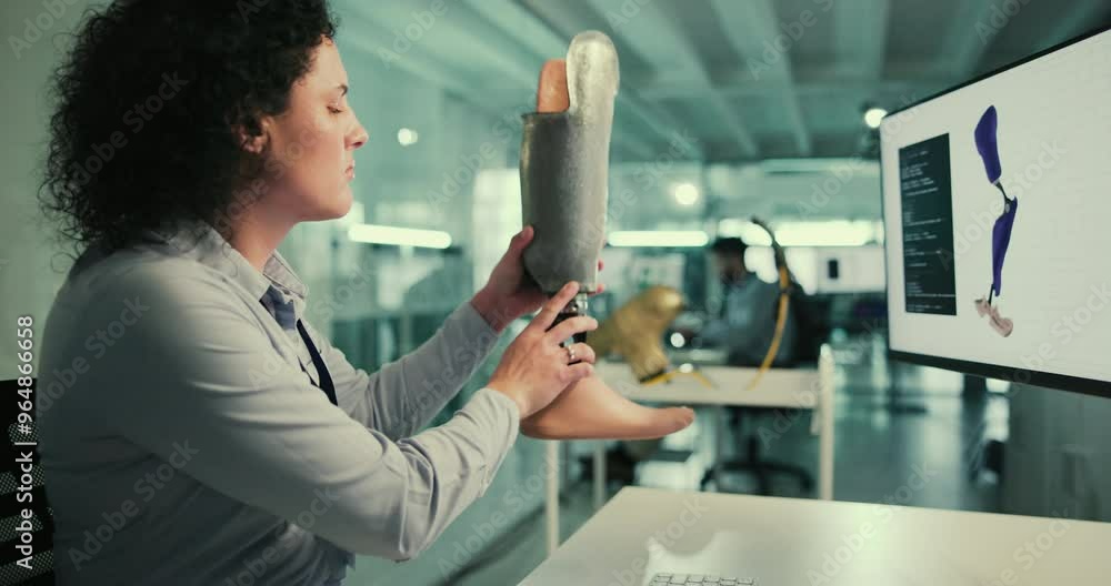 Poster research, development and woman at computer screen with prosthetic leg, planning and innovation in l