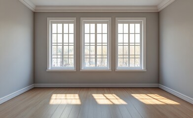 Bright and airy empty room with large windows and wooden flooring in natural light