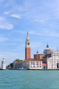 Tower from across the canal in venice, Italy. Summer landscape