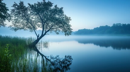 Obraz premium A Solitary Tree Stands by a Misty Lake at Dawn