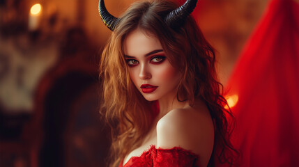 Naklejka premium Mysterious Demon Woman with Black Horns and Red Wings in Gothic Style