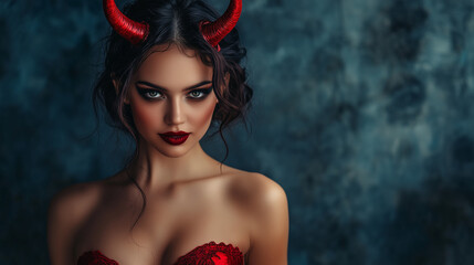 Naklejka premium Mysterious Demon Woman with Black Horns and Red Wings in Gothic Style