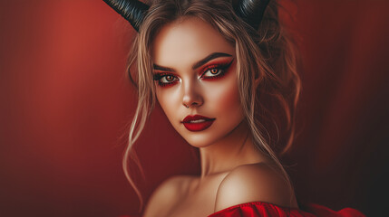 Fototapeta premium Mysterious Demon Woman with Black Horns and Red Wings in Gothic Style
