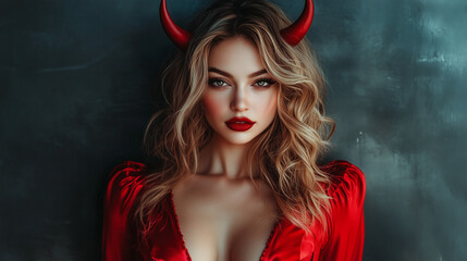 Naklejka premium Mysterious Demon Woman with Black Horns and Red Wings in Gothic Style