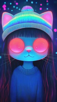 Cute abstract character cat in a neon hat