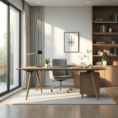 Modern Home Office Interior with Sleek Desk, Ergonomic Chair, and Bright Natural Light