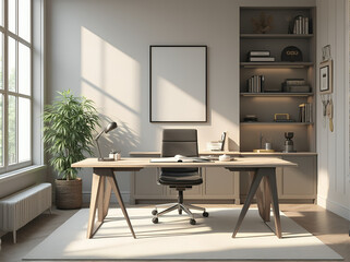 Modern Home Office Interior with Sleek Desk, Ergonomic Chair, and Bright Natural Light