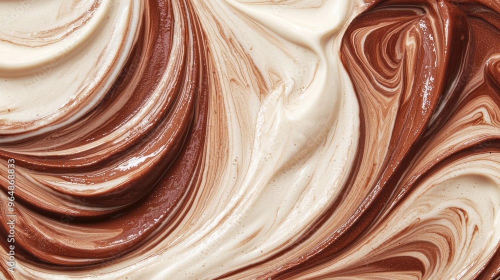 Poster close-up view of milk and dark chocolate blending together creating a mesmerizing pattern. this abst