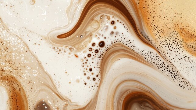 Creamy coffee and foamy milk swirl together, creating an abstract pattern perfect for backgrounds. Rich brown and white hues blend elegantly in this captivating cappuccino closeup