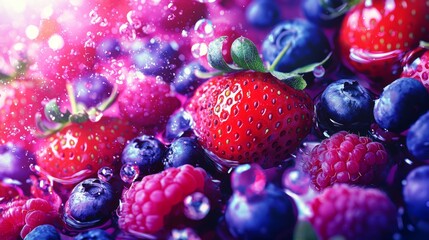 Fresh berries splash in water, vibrant colors and textures evoke summer indulgence