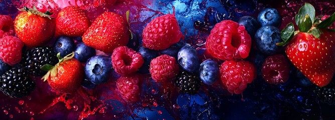 Refreshing and vibrant arrangement of strawberries, raspberries, and blueberries is captured in motion, as a splash of colorful fruit juice surrounds them