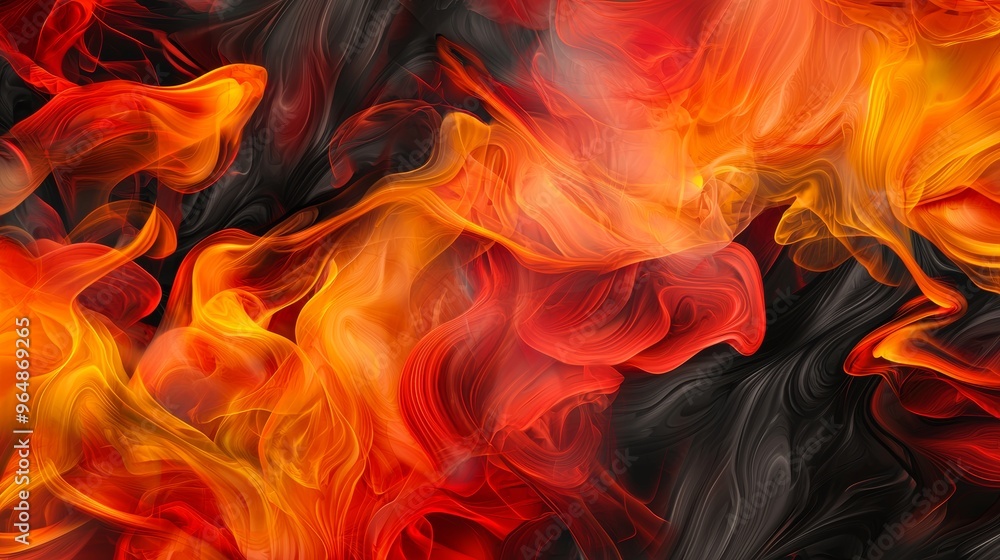 Poster abstract red and orange lines are flowing and forming a pattern on a black background. this fiery ab