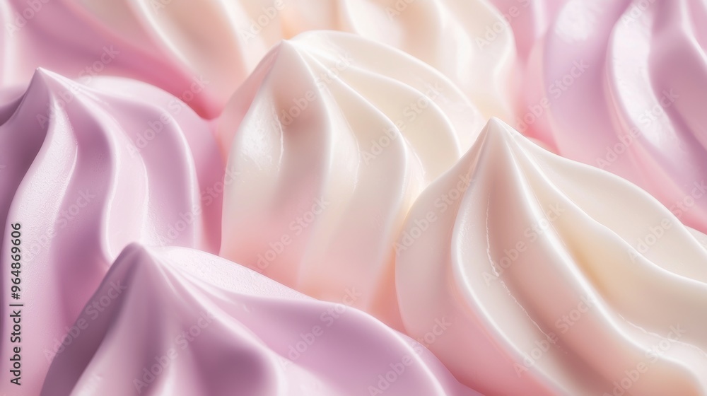 Poster close-up view of a smooth, creamy substance with swirling peaks of pink and white, creating a visual