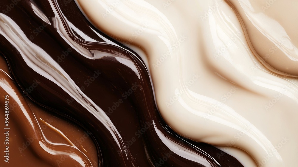 Poster different types of liquid chocolate are creating wavy lines and mixing together, making a sweet and 