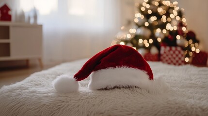 Fototapeta premium Santa hat in cozy interior. Christmas background
