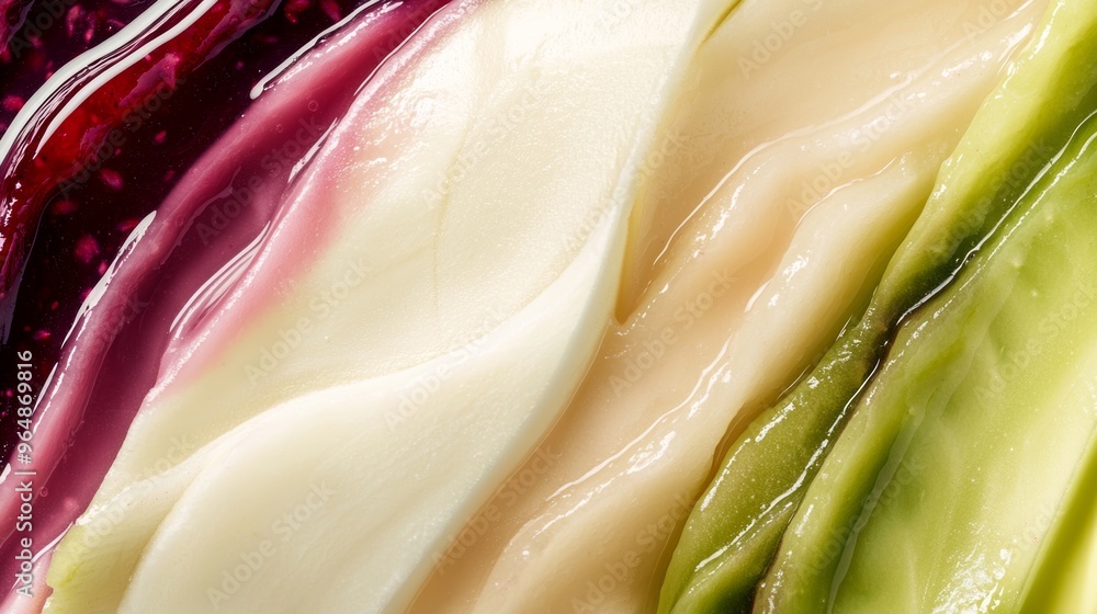 Poster three cosmetic creams, each a different color, are being mixed together, creating a visually appeali