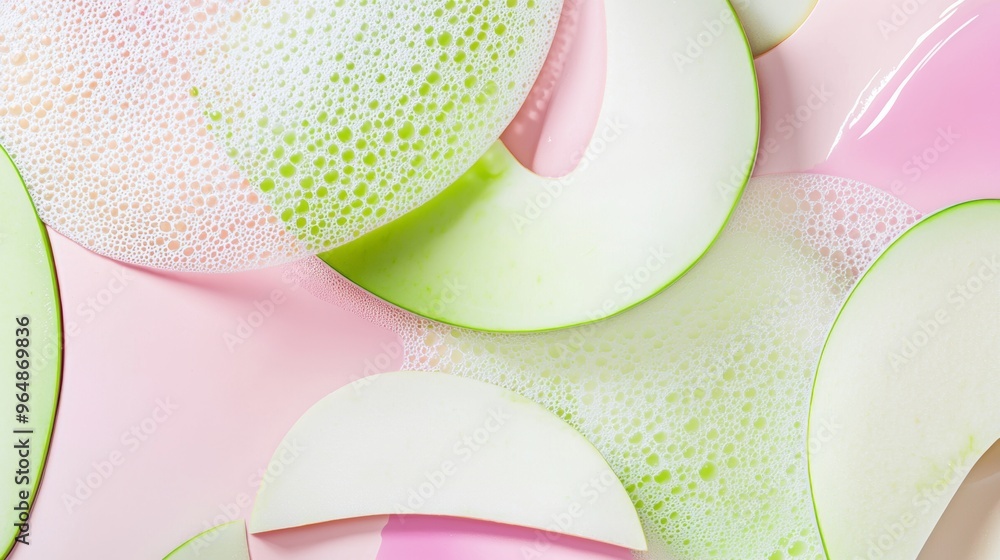 Aufkleber white foam with green bubbles on a pink background with white and green geometric shapes creating an