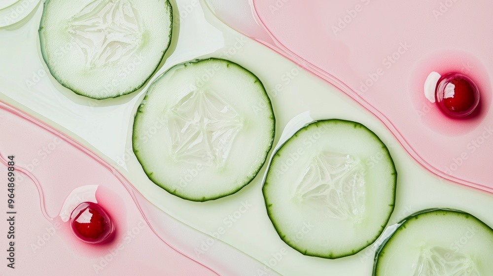 Poster several cucumber slices are floating on a pink and green background, creating a fresh and natural lo