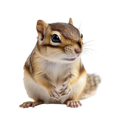 Fototapeta premium A tiny chipmunk with striped fur and large bright eyes, sitting alert with tiny paws, displaying its natural beauty and curiosity in a detailed close-up.