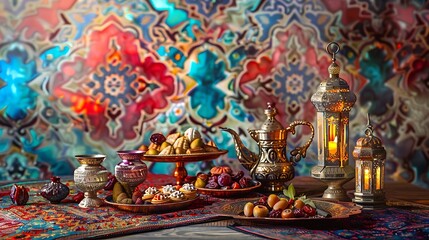 Fototapeta premium Traditional Middle Eastern Ramadan Feast with Lanterns and Sweets