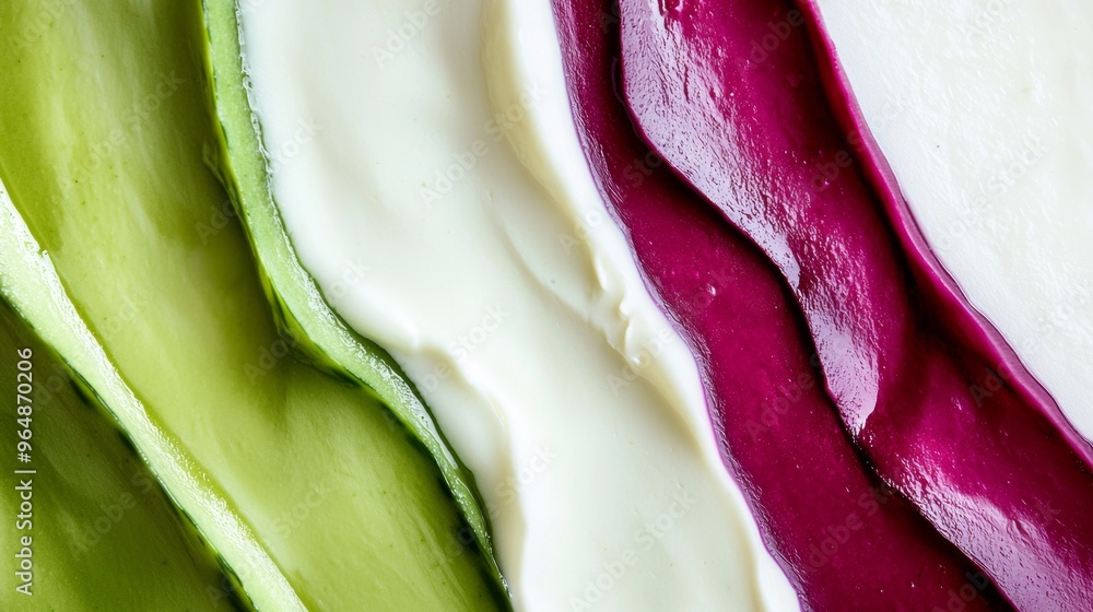 Poster green cucumber slices, white cream cheese and purple beetroot sauce are mixed together creating a co