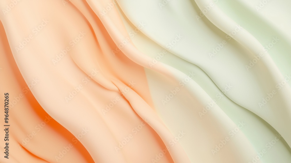 Poster flowing peach and green fabric creates elegant waves, forming a soft abstract background with a luxu
