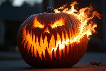 Scary Halloween Pumpkin with Flames Erupting from Eyes and Mouth, Fiery Jack-O'-Lantern
