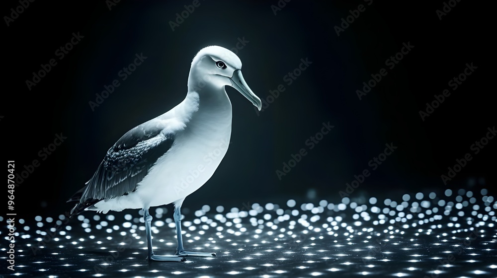 Poster glowing albatross against dark with intricate light pattern image