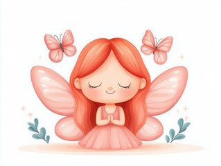 A cute fairy with red hair and pink wings, surrounded by butterflies, exuding a sense of calm and enchantment.