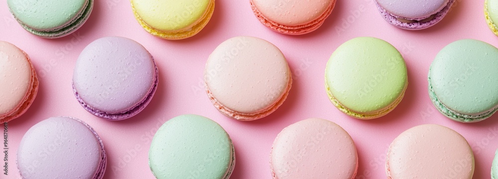 Poster delicious assortment of pastel-colored macarons are lying on a pink background, creating a visually 