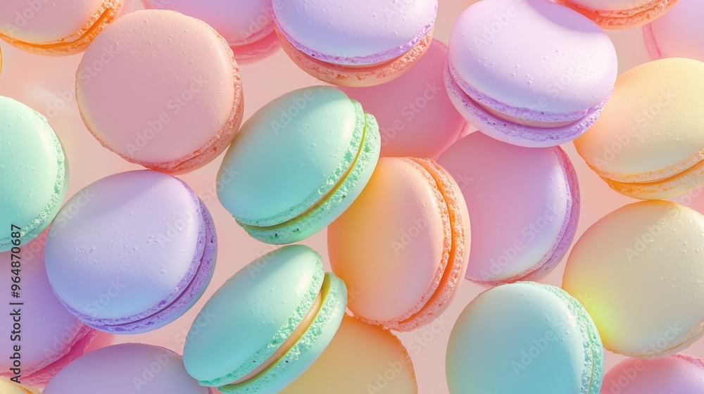 Poster delicious assortment of colorful macarons is floating on a pastel background, creating a whimsical a