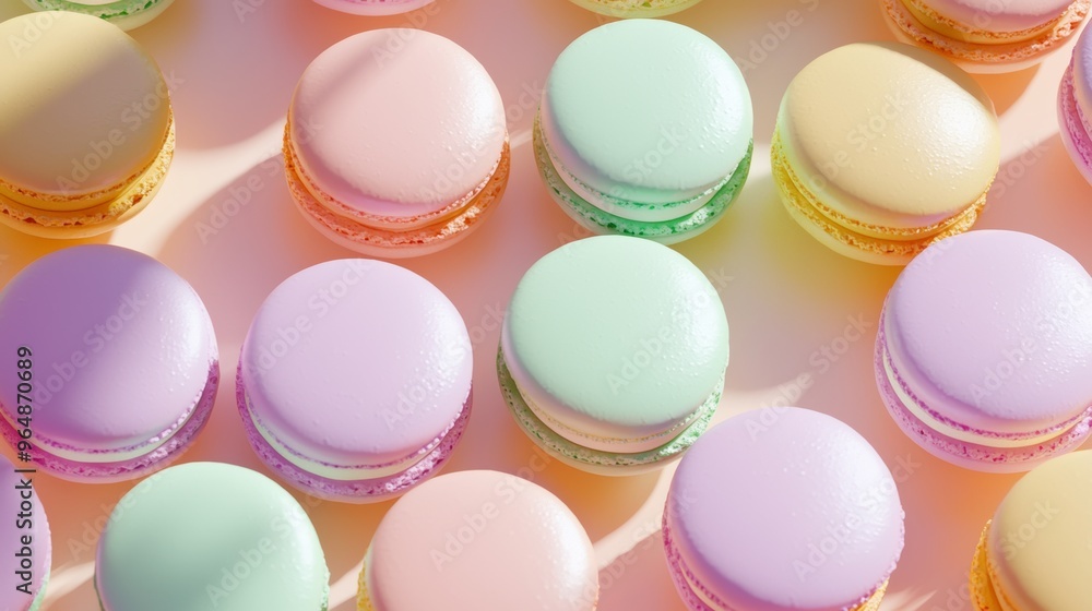 Poster pastel-colored macarons are lying on a plain background, forming a repeating pattern. the image tran