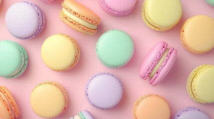 Obraz premium Tempting arrangement of colorful macarons neatly organized on a vibrant pink background, creating an eye-catching display of sweet indulgence